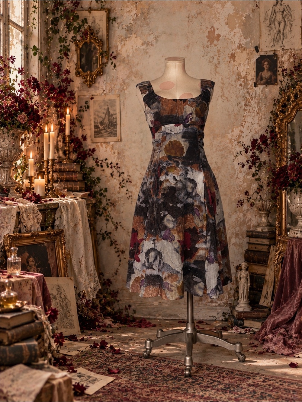 Adrianna Papell Floral A-Line Midi Dress in Burgundy, Navy & Mustard Watercolor